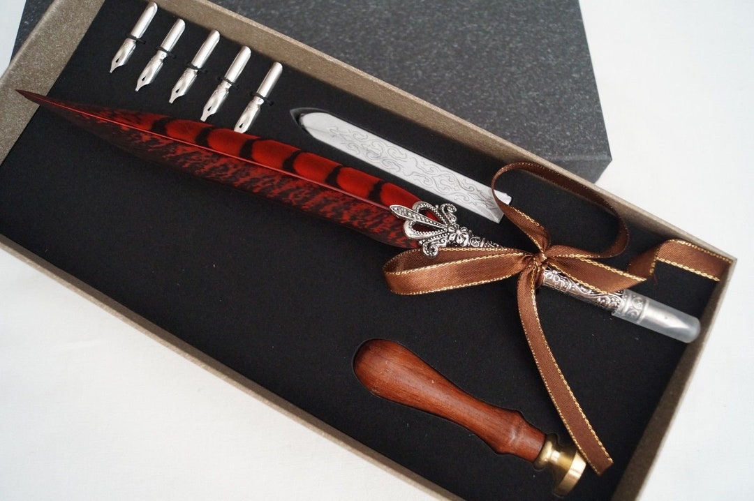 Vintage Style Calligraphy Feather Quill Metal 5 Nib Dip Pen Set and Wax ...