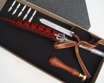 Vintage Style Calligraphy Feather Quill Metal 5 Nib Dip Pen Set and Wax Seal Set