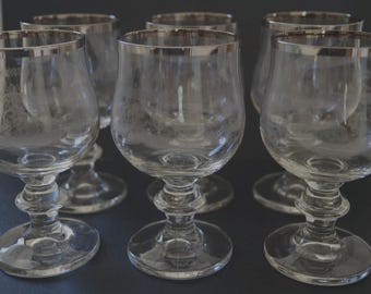 Vintage Silver Rimmed 6x Set Scarce Floral Cognac Wine Glass Set Great Condition