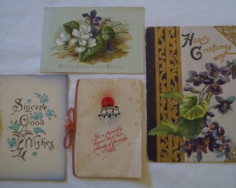 Christmas Wishes Greetings, Birthday Collectable Group of 4 Historic Vintage Antiquarian Mid Size Greeting Cards Postcards