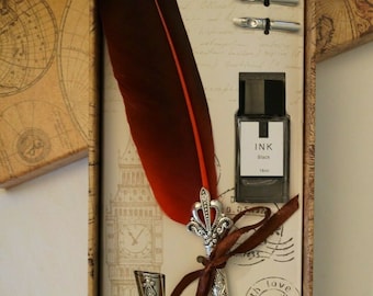 Vintage Style Calligraphy Feather Quill Metal 5 Nib Dip Pen Set Holder and Btl