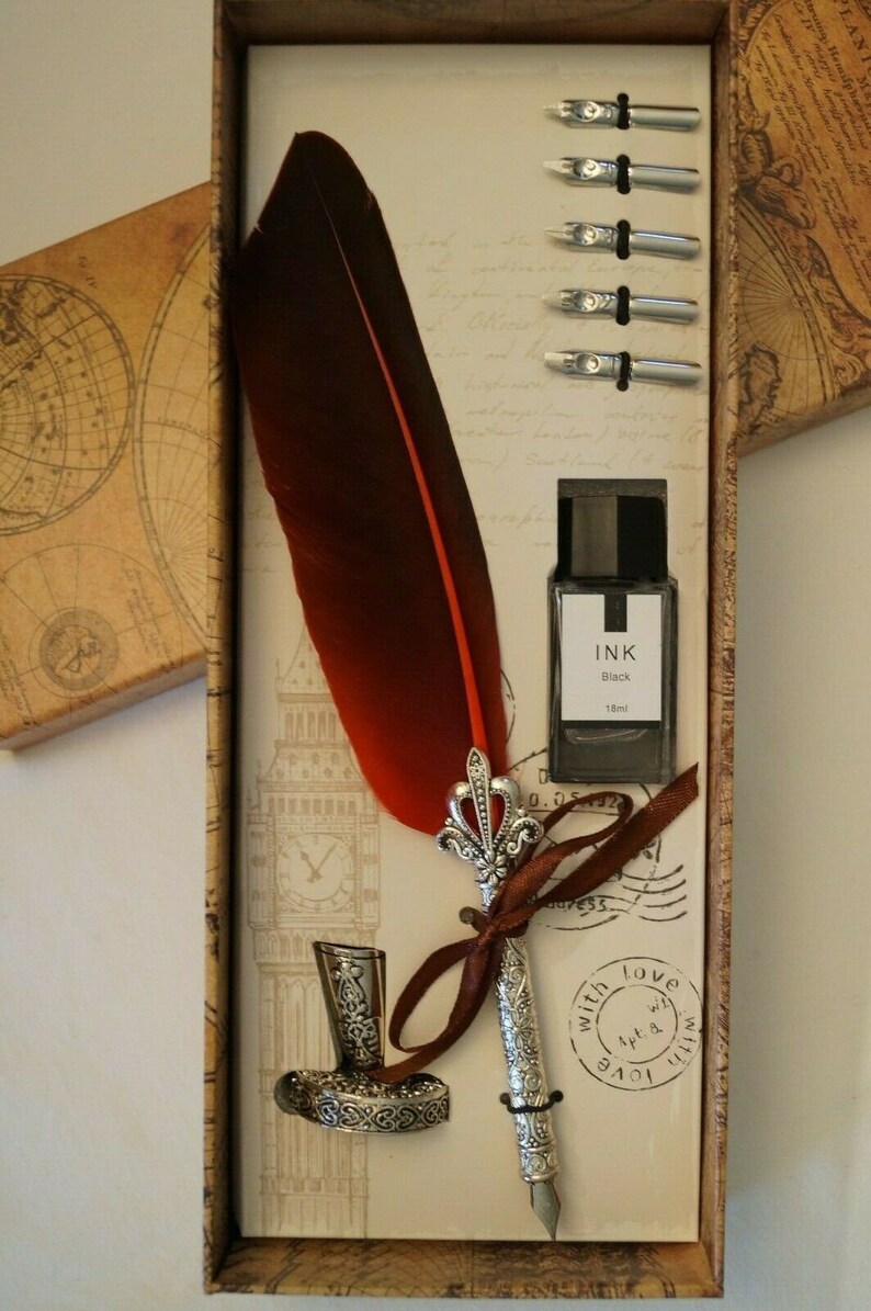 Vintage Style Calligraphy Feather Quill Metal 5 Nib Dip Pen Set Holder ...