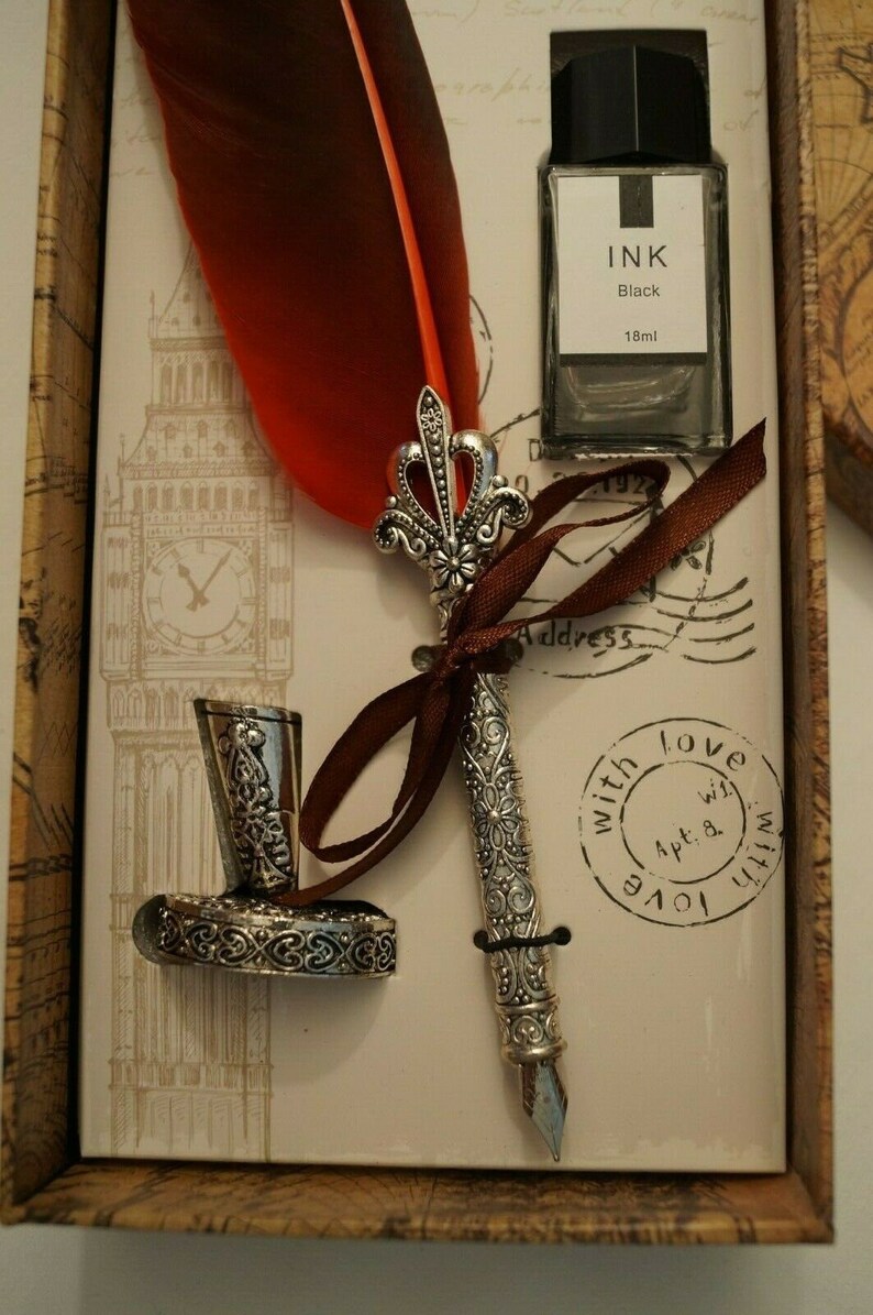 Vintage Style Calligraphy Feather Quill Metal 5 Nib Dip Pen Set Holder ...