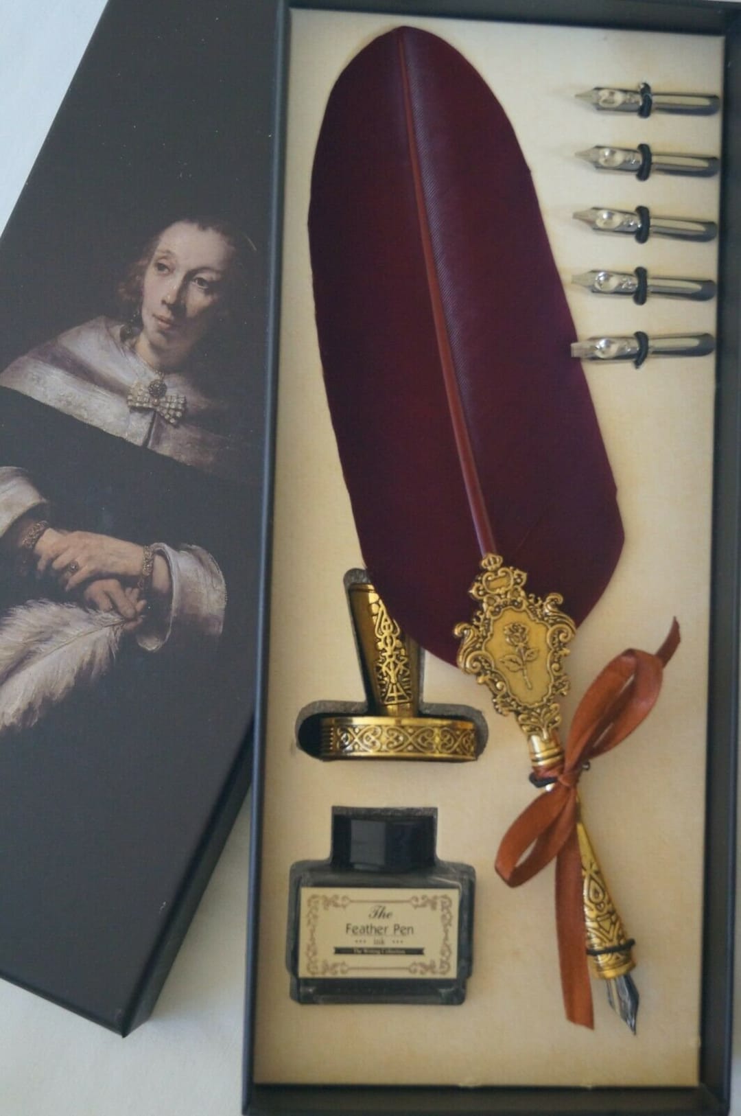 Vintage Style Calligraphy Feather Quill Metal 5 Nib Dip Pen Set Holder ...