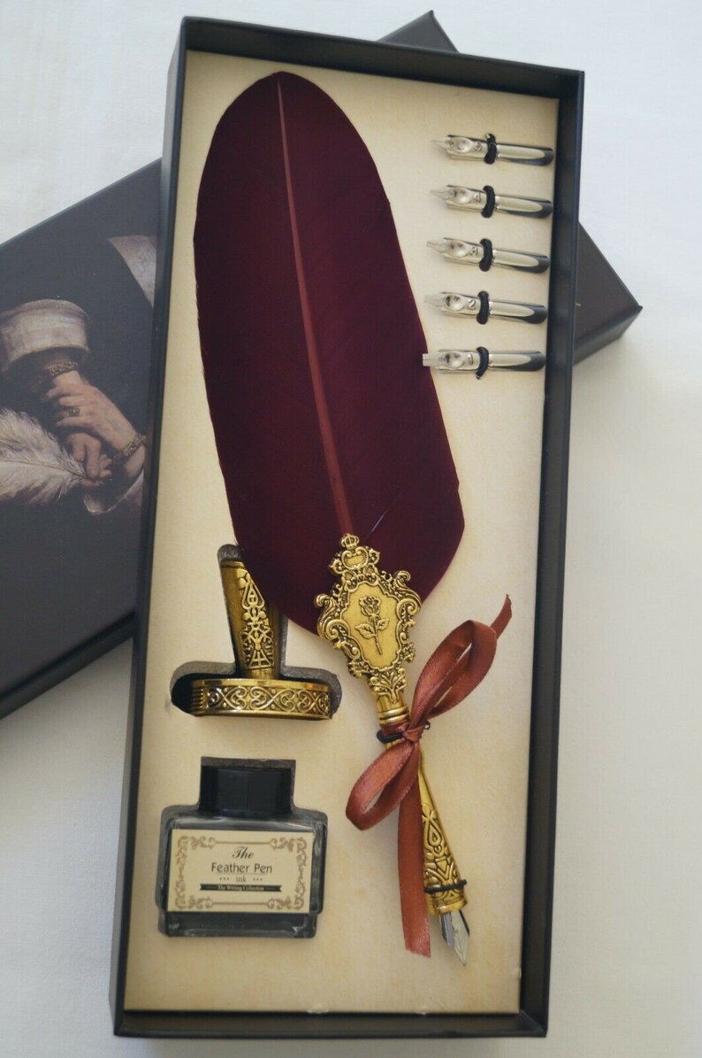 Vintage Style Calligraphy Feather Quill Metal 5 Nib Dip Pen Set Holder ...