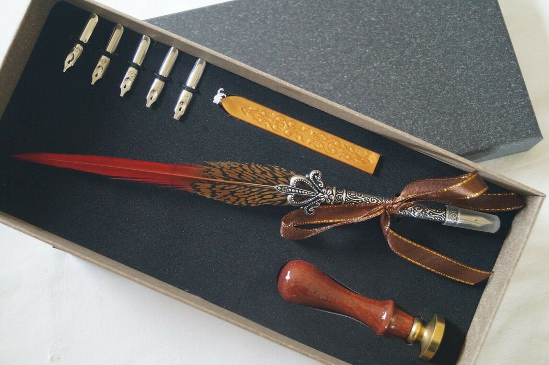 Vintage Style Calligraphy Feather Quill Metal 5 Nib Dip Pen Set and Wax ...