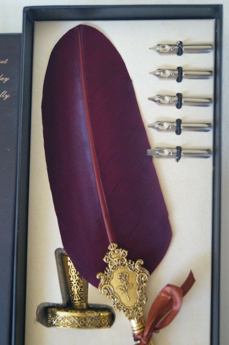 Vintage Style Calligraphy Feather Quill Metal 5 Nib Dip Pen Set Holder ...