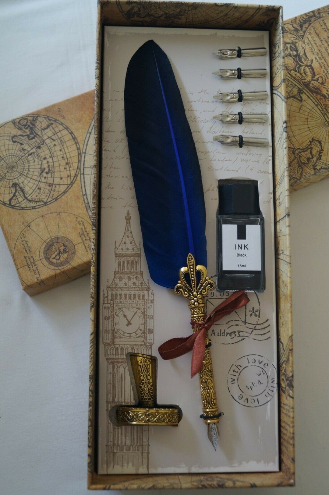 Vintage Style Calligraphy Feather Quill Metal 5 Nib Dip Pen Set Holder ...