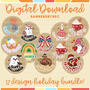 Könnte beinhalten: Ein digitales Grafikpaket zum Herunterladen mit 12 Feiertagsdesigns. Enthält Illustrationen für Halloween, Ostern, St. Patrick's Day, Thanksgiving, Valentinstag und Weihnachten. Der Text lautet "Digitaler Download" und "12 design holiday bundle!"