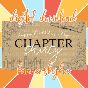 May include: A digital download graphic with a brown rectangular centre featuring the words "CHAPTER thirty" in black and white script. The words "happy birthday abby" are also present. The background has a colourful sunburst design.