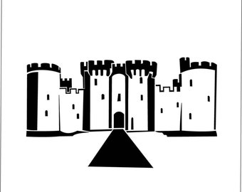 May include: A black and white illustration of a castle. The castle features multiple towers, a central gate, and a long pathway leading to the entrance. The design is a simple, graphic representation of a medieval fortress.