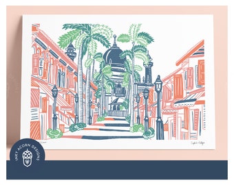 Signed Unframed Sultan Mosque Art Print - Kampong Glam in Singapore Available in A5 or A4 size