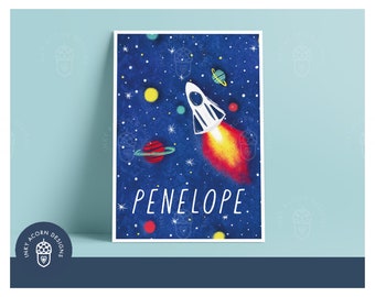 Rocket in Space with Planets and Stars Personalised Nursery Print Illustration | Giclee Art Print | Portrait | A5 A4| Unframed