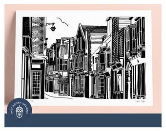 Harbour Street Whitstable Black and White Illustration Signed Unframed Art Print Featuring Independent Shops | Available in A5 A4 or A3 size