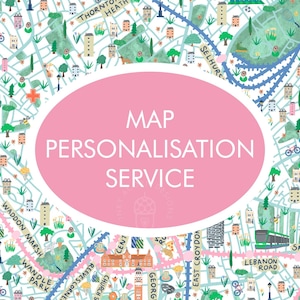 May include: An illustrated map with a pink oval displaying "MAP PERSONALISATION SERVICE." The map is filled with roads, buildings, trees, and landmarks. The design is artistic and whimsical, suggesting a service for custom map creation.