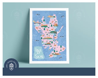 Illustrated Isle of Skye Unframed Art Print | A5, A4, A3 size | Features Fairy Pools, Cuillin Hills, Portree, Armadale, Old Man of Storr
