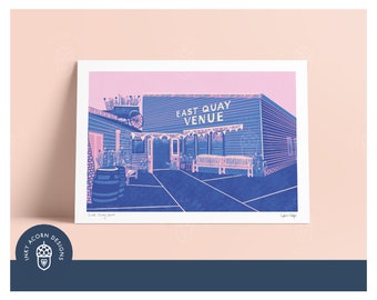 East Quay Venue Whitstable Signed Unframed Art Print with Pink Sky - Available in A5, A4 & A3 size