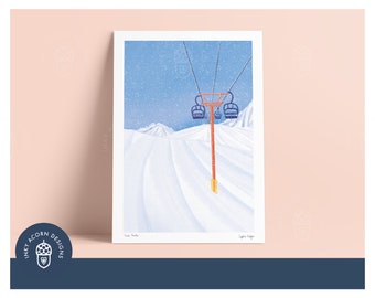 Skiing Art Print Signed | Ski Print  | Ski Gift | Chairlift by a Ski Slope in the Snowy Mountains | A5 A4 A3 | Unframed