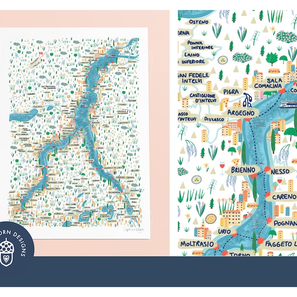 Stampa artistica senza cornice con mappa illustrata del Lago di Como / Disponibile in formato A4 e A3