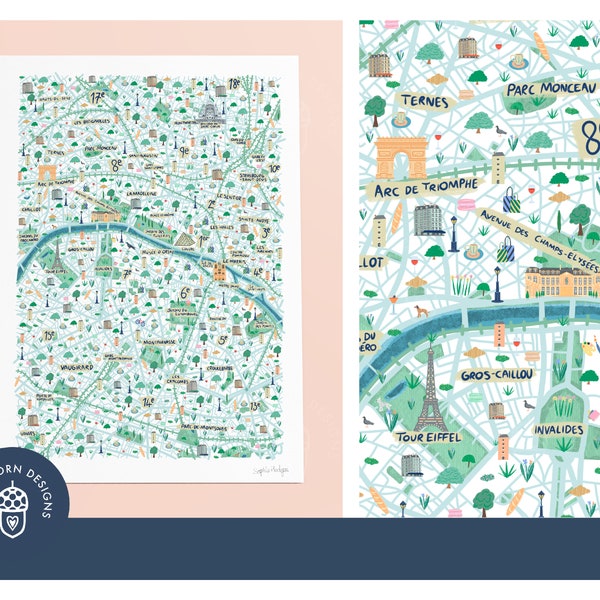 Illustrated Paris Map Unframed Art Print | Available in A5, A4, A3 size
