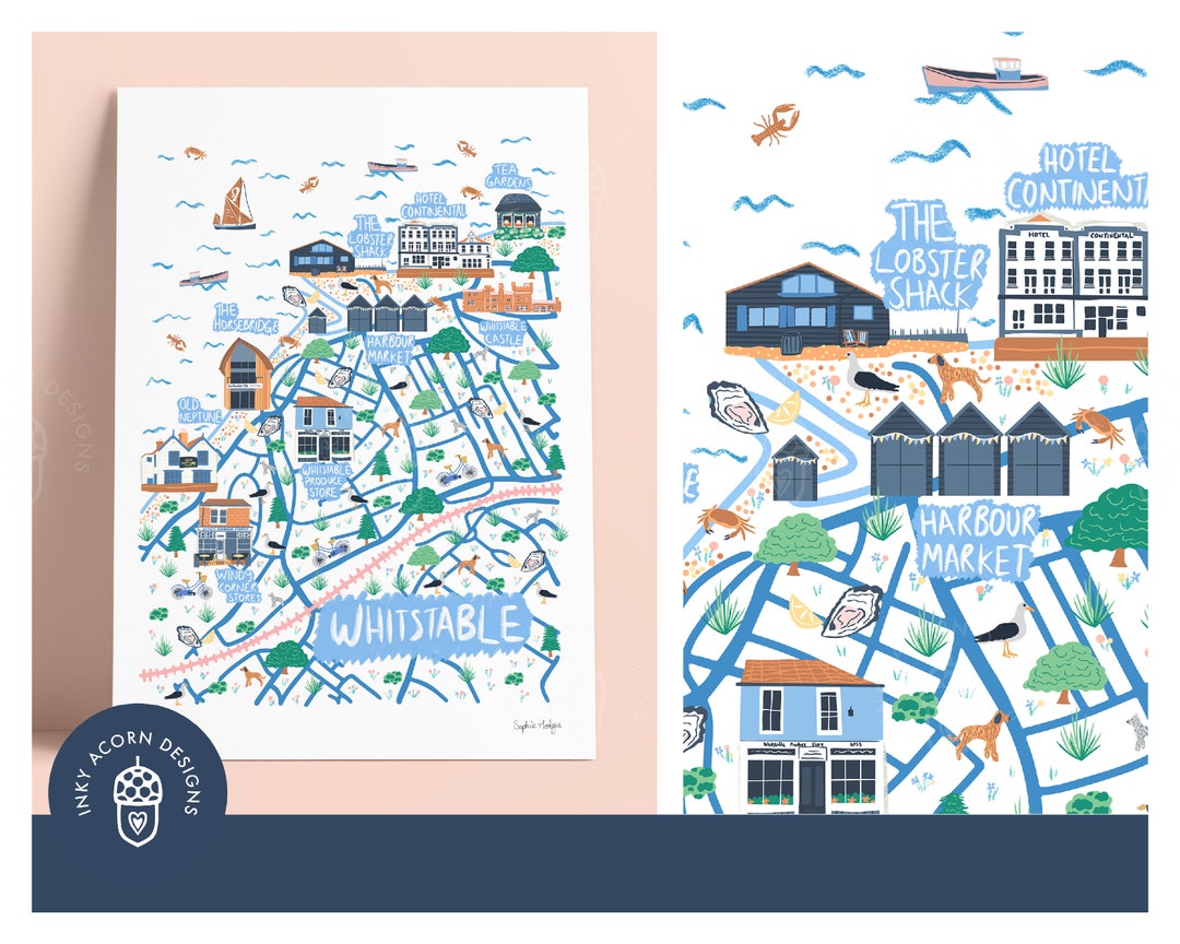 Illustrated Whitstable Map Unframed Art Print Available in Etsy