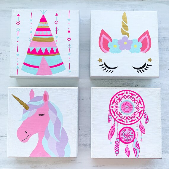 Set Of 4 Little Girls Room Wall Signs Baby Girl Nursery Wall Decor Pink Girls Room Decor Unicorn Wall Art Unicorn Girl Rooms