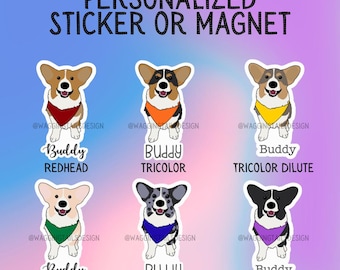 Personalized Corgi Sticker or Magnet – Custom Bandana & Font Choice – 6 Color Options!