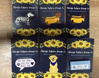 Dog Enamel Pins - Glow-in-the-Dark Skeleton Dachshund, Hot Dog Dachshunds, Golden Retriever, Frenchies, English Bulldog, Funny Dog Sayings