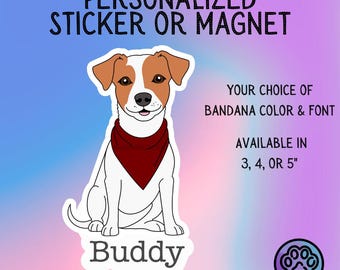 Personalized Jack Russell Terrier Dog Sticker Sticker or Magnet – 3 color options – Bandana & Font Choice