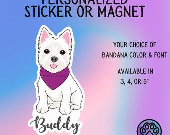 Personalized West Highland White Terrier Sticker or Magnet – Custom Dog Sticker with Bandana & Font Choice