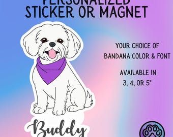 Personalized Maltese Dog Sticker or Magnet – Custom Bandana & Font Choice