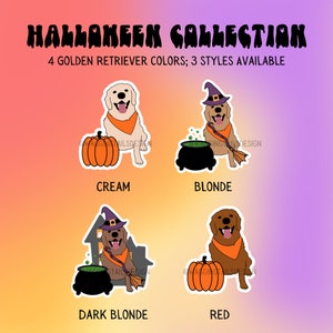 Golden Retriever Autumn Halloween Sticker // 4 Colors Available // Pumpkin, Witch or Haunted House!