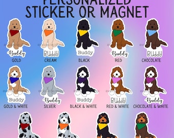 Personalized Doodle Dog Sticker or Magnet – Bandana & Font Choice – 14 Coat Color options!
