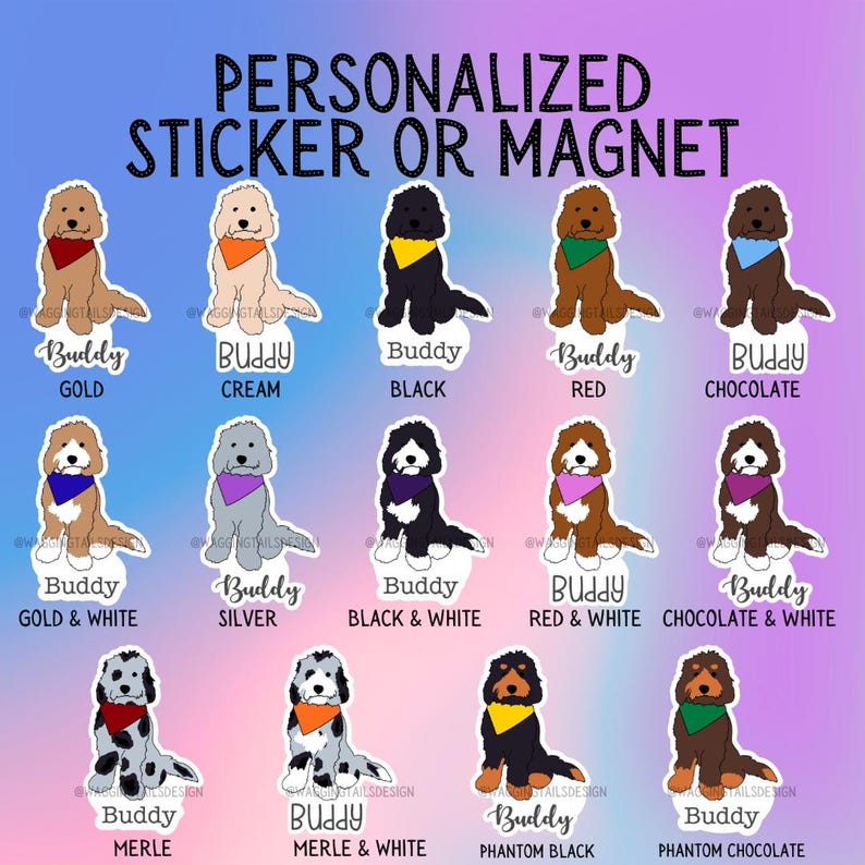 May include: A sheet featuring various dog illustrations labeled "Buddy" in different colors and patterns, including gold, cream, black, red, and chocolate. The text "PERSONALIZED STICKER OR MAGNET" is at the top.