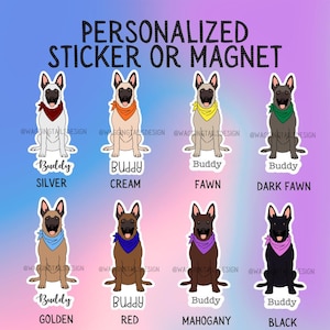 Personalized Belgian Malinois Dog Sticker Magnet – Custom Dog Sticker with Bandana & Font Choice