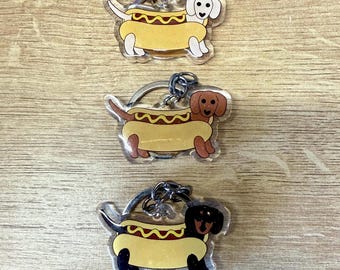 Hot Dog Dachshund Keychain - Cream, Red, Black & Tan