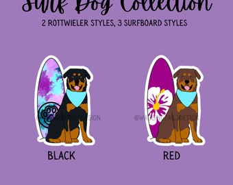 Surf Dog Rottweiler Sticker // Black or Red