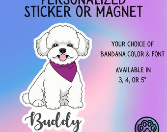 Personalized Bichon Frisé Sticker or Magnet – Bandana & Font Choice