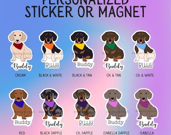 Personalized Dachshund Sticker or Magnet – Bandana & Font Choice – 10 Coat Color Options