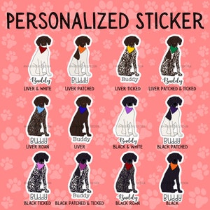 May include: A set of 12 personalized dog breed stickers featuring a German Shorthaired Pointer in various coat colors and patterns. The stickers are labeled with the dog's name "Buddy" and the coat color, such as "Liver & White", "Liver Patched", "Liver Roan", "Black & White", "Black Patched", "Black Ticked", "Black Patched & Ticked", "Black Roan", and "Black".