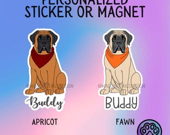 Personalized Mastiff Dog Sticker Sticker or Magnet – Fawn or Apricot – Bandana & Font Choice
