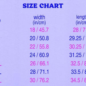 May include: A size chart with the title "SIZE CHART" in blue text. The chart lists sizes S to 4XL, with corresponding width and length measurements in inches and centimeters. The background is a light purple color.
