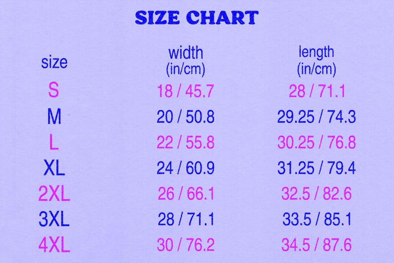 May include: A size chart with the title "SIZE CHART" in blue text. The chart lists sizes S to 4XL, with corresponding width and length measurements in inches and centimeters. The background is a light purple color.