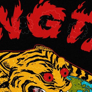 May include: A graphic design featuring a tiger with red eyes biting a globe. The word "INGETA" is written in red, flame-like letters above the tiger on a black background. The tiger is yellow and black.