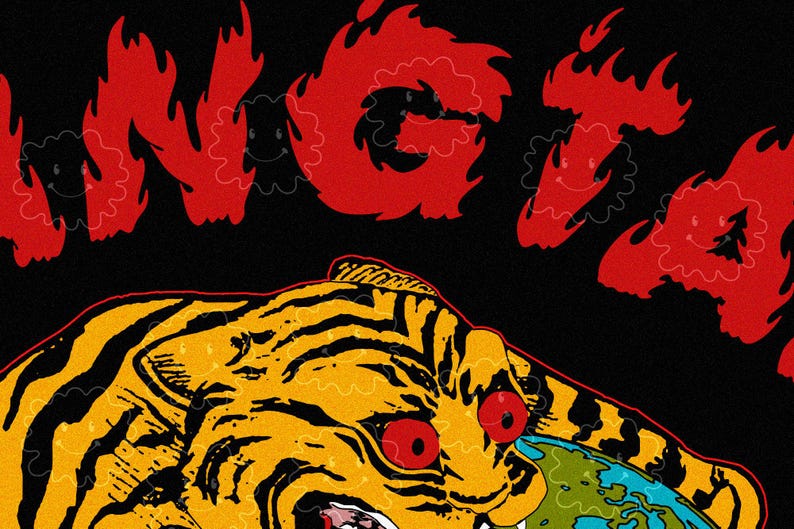 May include: A graphic design featuring a tiger with red eyes biting a globe. The word "INGETA" is written in red, flame-like letters above the tiger on a black background. The tiger is yellow and black.