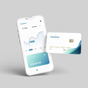 May include: A white smartphone with a blue and green app open, displaying a line graph and a balance of £8,122.99. A white credit card with the text "EasyShop" and a blue and green design is partially visible in the foreground.