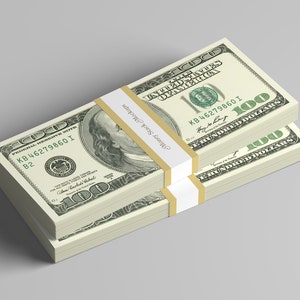 May include: Two stacks of US $100 bills, each wrapped in a white band with the text "Money Stack Mockups" printed on it. The top bill in the stack shows a portrait of Benjamin Franklin and the text "KB 46279860 I" and "ONE HUNDRED DOLLARS".