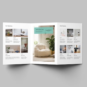 May include: A brochure showcasing furniture and home decor items. The brochure features a white bean bag chair with a price tag of $42.50. The brochure also includes images of a wooden table, a bedside table, and a set of pendant lights.