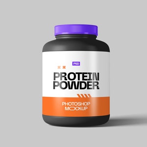 May include: A black plastic container with a purple lid. The label is white with orange accents and the text "PROTEIN POWDER" in black. The label also says "PHOTOSHOP MOCKUP".