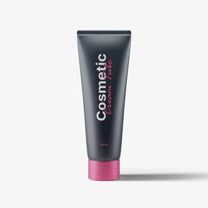 May include: A black tube of cosmetic cream with a pink cap. The tube has the text "Cosmetic Cream Tube" printed on it in white.